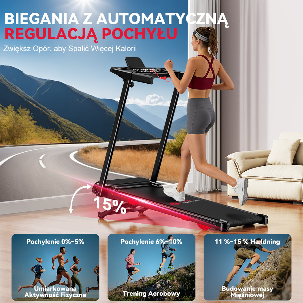Bieżnia Składana Q5 Pro z Silnikiem Bezszczotkowym, Prędkość 1–12 km/h, Automatyczne Nachylenie 15%